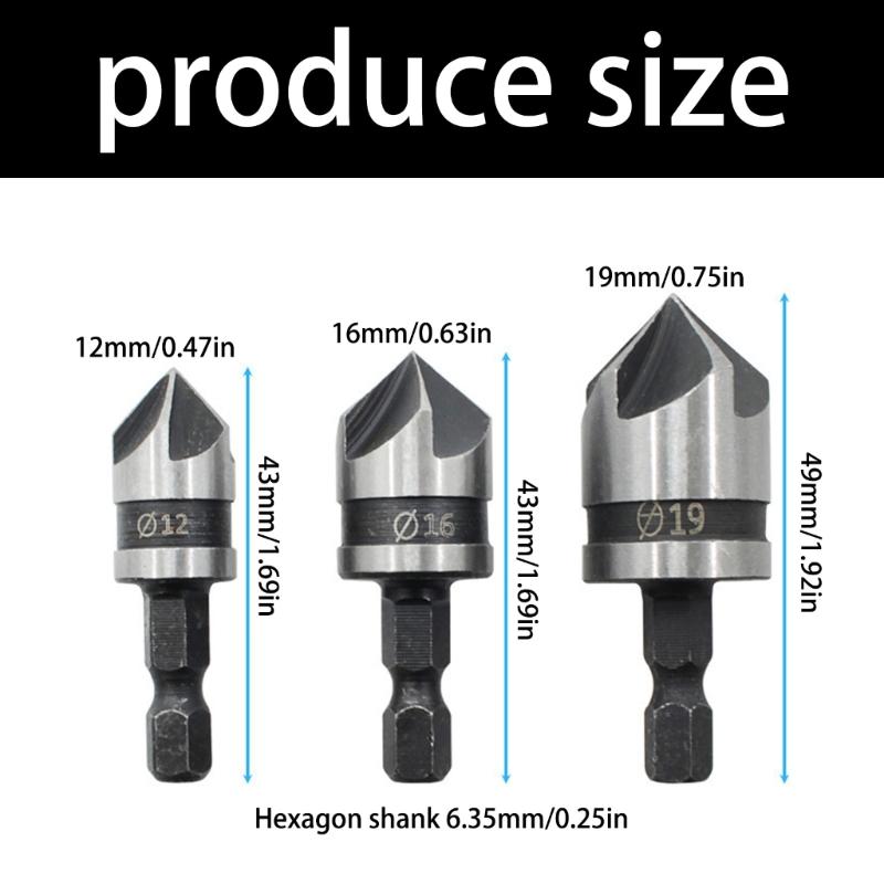Professional Wood Chamfering Drill Bit Tool With 5 Flute Hexadecimal Shank For Precise Countersinking In DIY Projects 3 Size