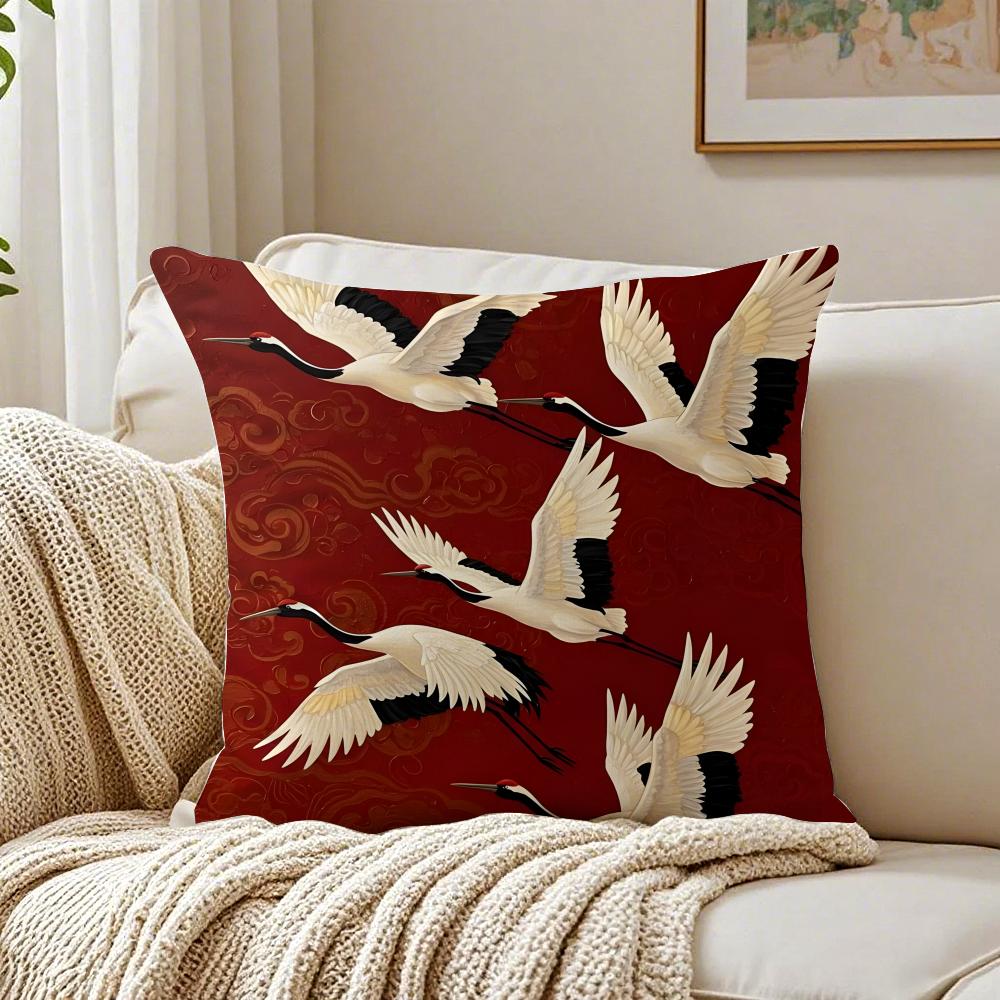 Chinese Classical Elegant Red Crowned Cranes Art  Cushion Cover Pillowcase Antidustmite Living Room Sofa Decor Cushion Room