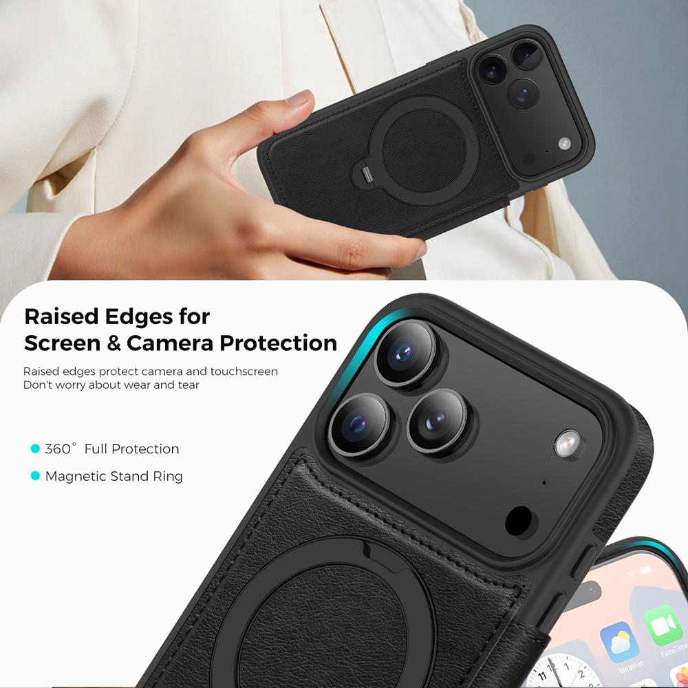 KEYSION Leather Flip Wallet Case for iPhone 15 16 17 Pro Max Air 16Plus 16e Cards Slots Magnetic 360 Ring Stand Phone Back Cover