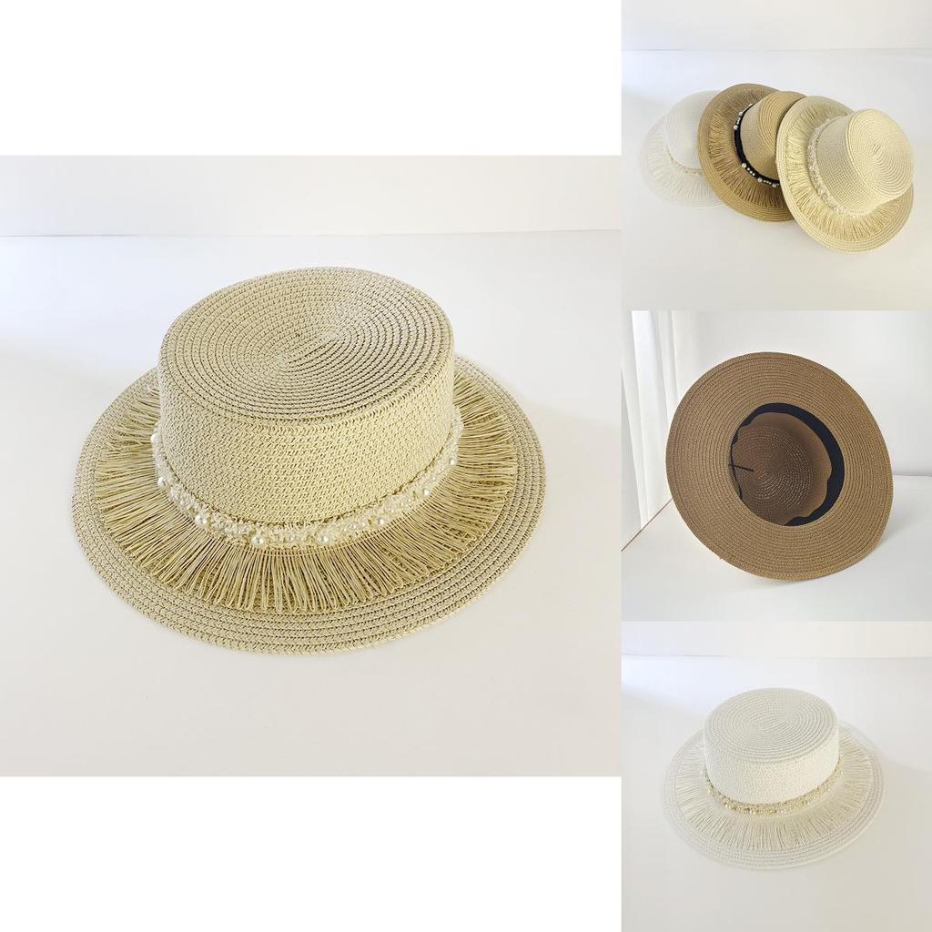 Women's Vintage Pearl Tassel Sun Hat French Retro Wide Brim Straw Hat