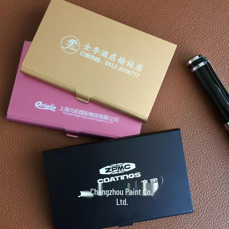 Available Aluminum Business Card Holder, Large Capacity, Portable & Unisex, Ideal for Exhibitions, Gifts, with Customizable Logo Options.