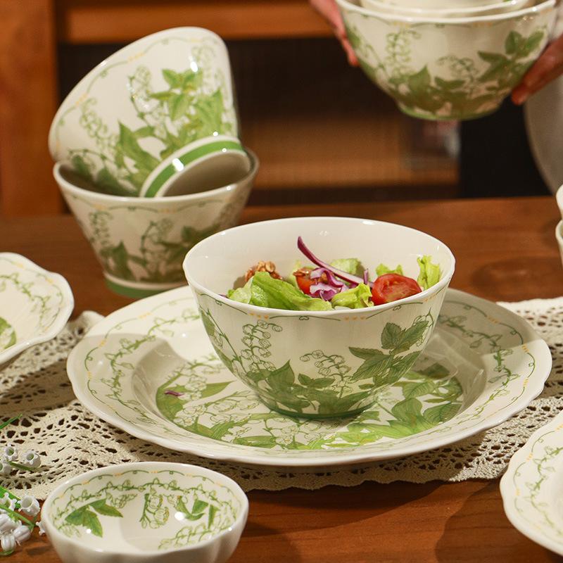Cream Style Household Ceramic Tableware Housewarming Gift Creative Flower Rice Bowl Soup Bowl Vegetable Plate Combination Set