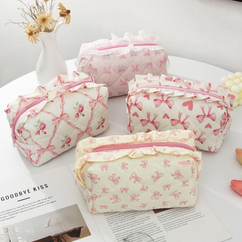 Makeup Organizer Bag Large Capacity Ruffled Edge Bow Floral Print Pen Storage for School Travel Work