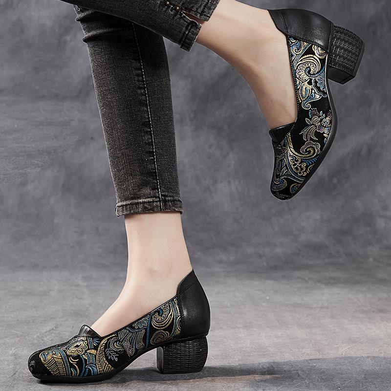 Fashion GKTINOO 2025 Spring New Ethnic Style Round Toe High Heels Shoes Versatile Retro Genuine Leather Pumps Women's Shoes