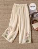 Women's 2024 Retro Cotton-Linen Wide-Leg Embroidered Pants - Summer Lightweight Nine-Point Casual Trousers.