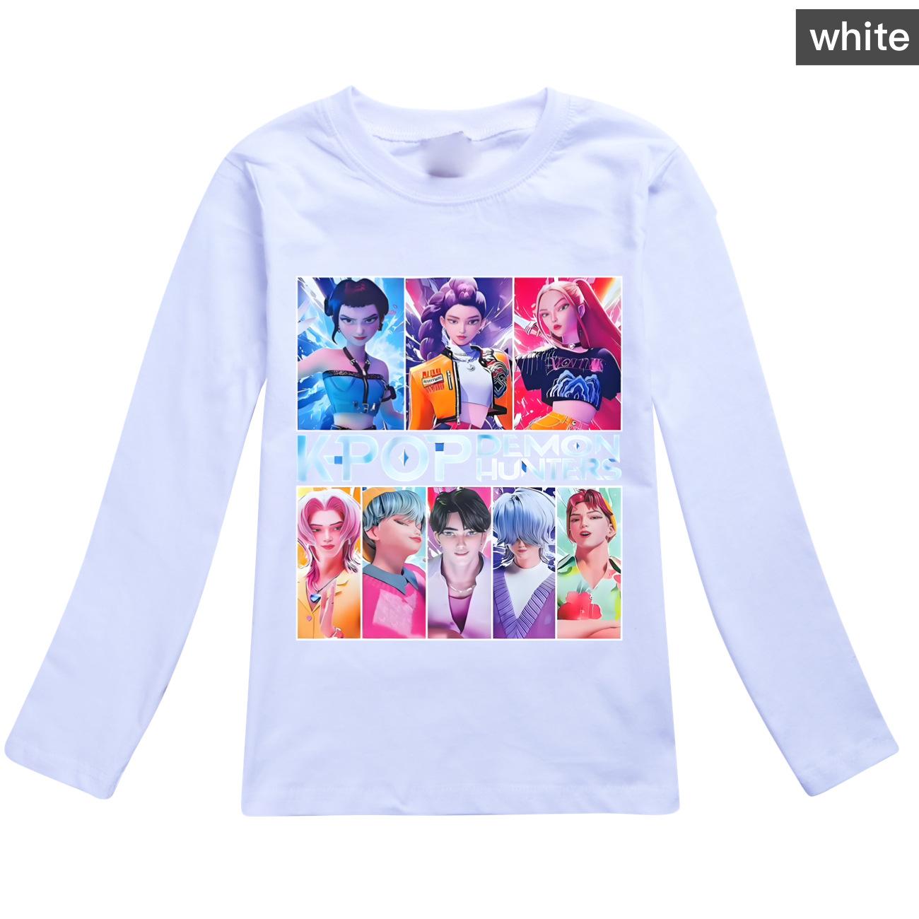 KPop Dämonenjäger T-Shirt Kinder Stilvolle Mode Cartoon Freizeitkleidung Jugend Mädchen Locker Rundhals-T-Shirts Jungen Langarm-Oberteile 160 white