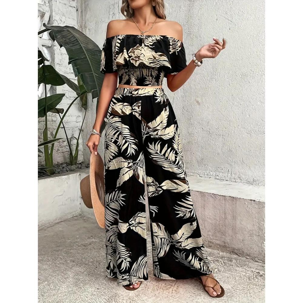 Vacation Jumpsuit Summer Ladies Printed Off-Shoulder Top and Wide Legs Pants Set