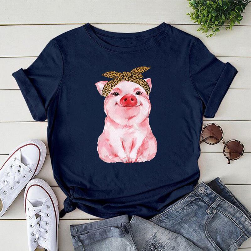 Cute Pig Print T-shirts For Women Summer Lovely Short Sleeve Round Neck T-shirts Ladies Creative Personalized Tops