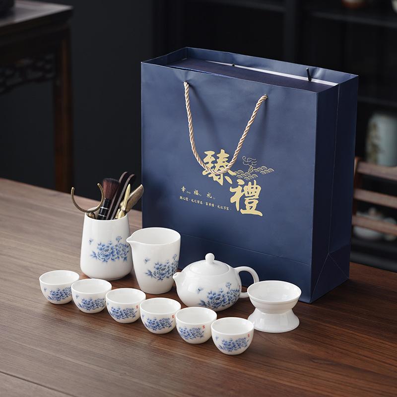 Suet jade peony tea set living room guest white porcelain tea advanced sense