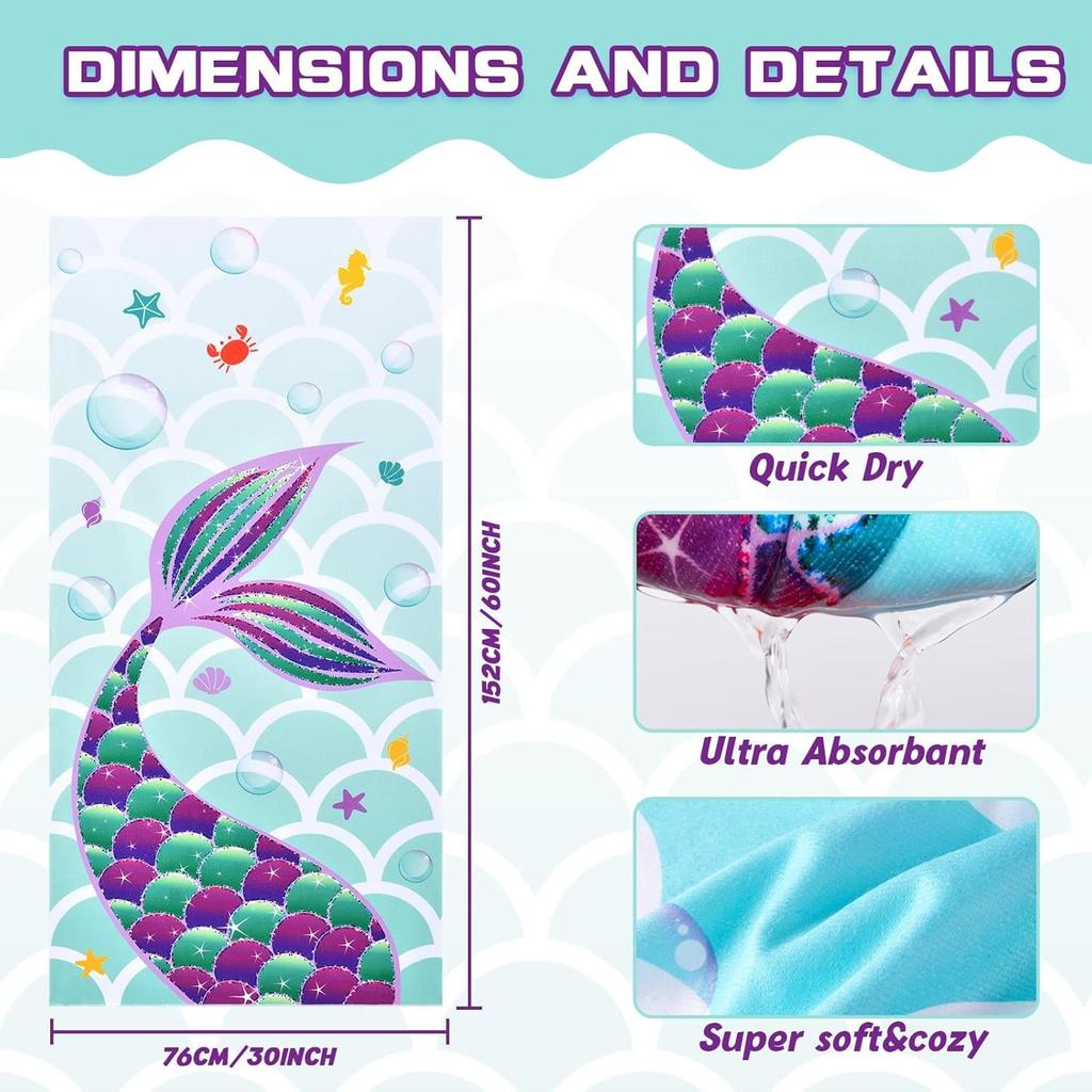 Magic Mermaid Beach Towel for Girls, Colorful Ocean Princess Art Quick-Dry Sand-Free Microfiber Bath Towel for Pool and Travel