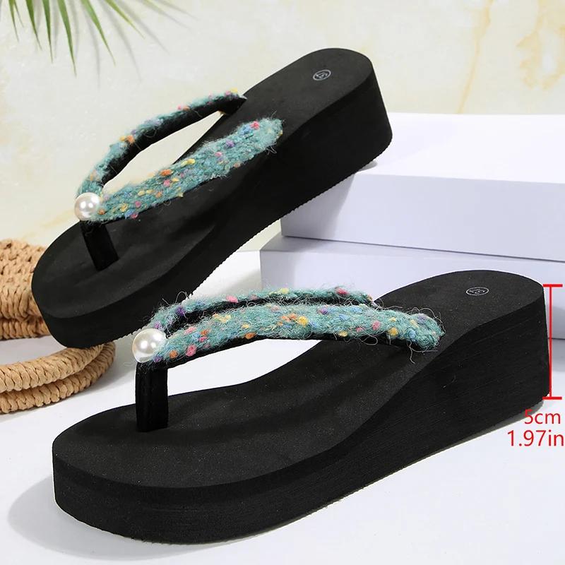 Fashion Fashion Pearl Platform Flip Flops for Women Summer Fabric High Heel Wedge Slippers Woman Vacation Comfort Non Slip Slides Female