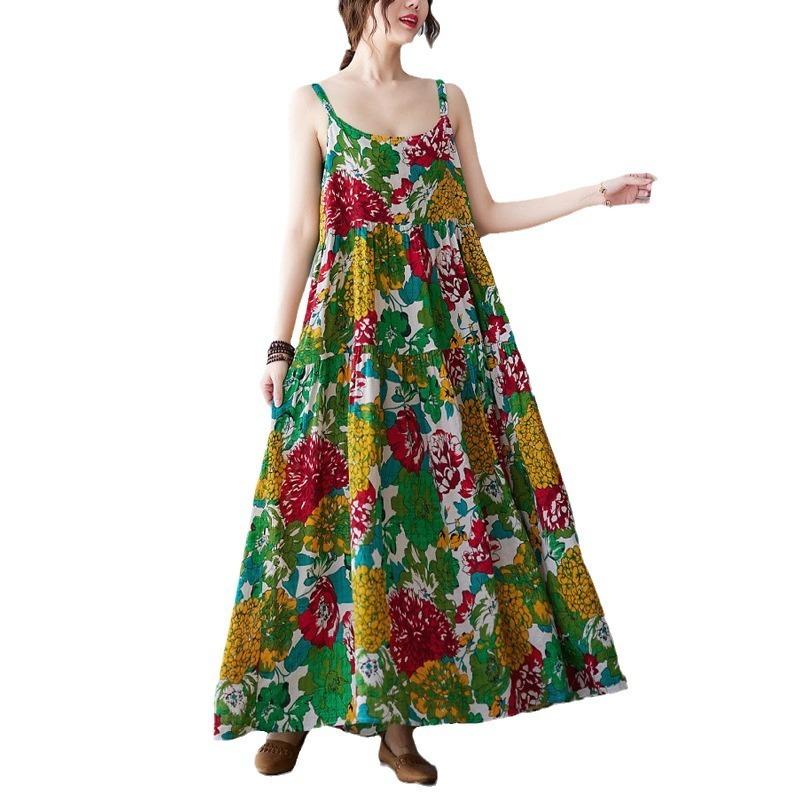 Real Shot Summer New Literary Large Size Loose Cotton and Linen Printing Suspender Dress Women's Medium and Long