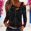Women Plus Size Asymmetric Cutout Neck Cold Shoulder Long Sleeve Skull Floral Printed Black Fitted Shirt
