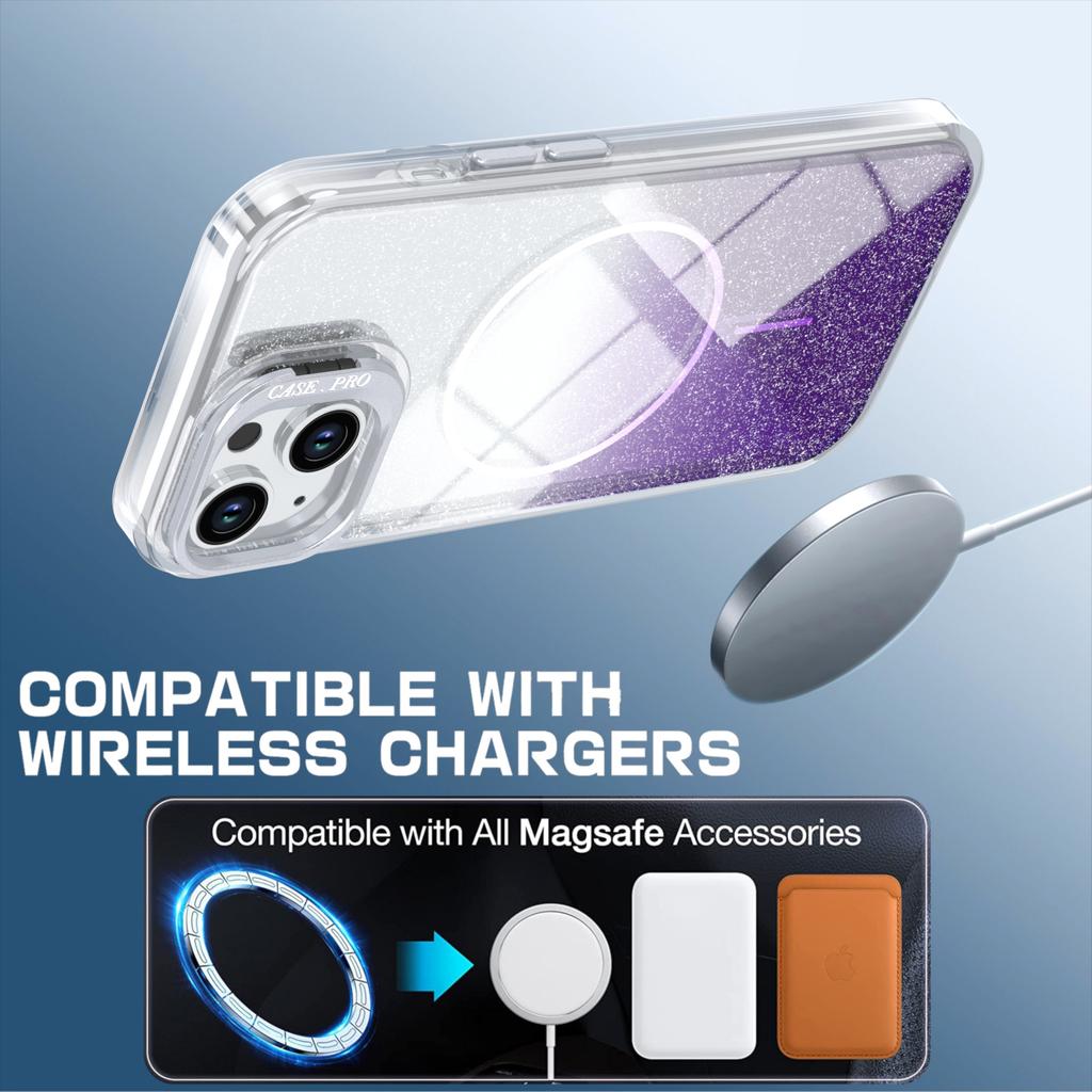 For iPhone 15 Magnetic Case Gradient Glitter Shockproof TPU PC Phone Cover Compatible with MagSafe