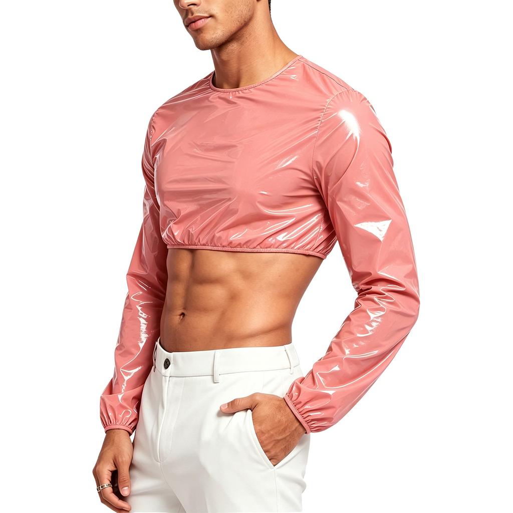 Dámský voděodolný lesklý crop top noční oblečení s kulatým výstřihem a dlouhým rukávem, crop mikina s tričkovým vzhledem a zapínáním na zip na zádech