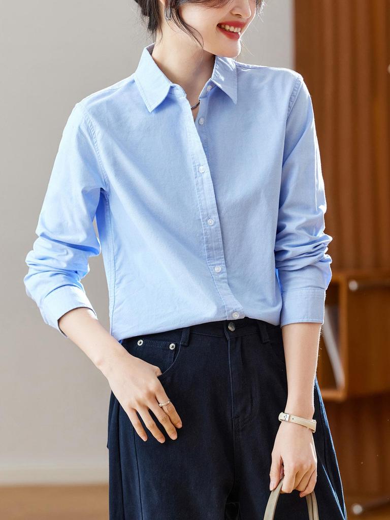Women's Long Sleeve Blue Cotton Oxford Shirt - Loose Casual Spring 2026 Top