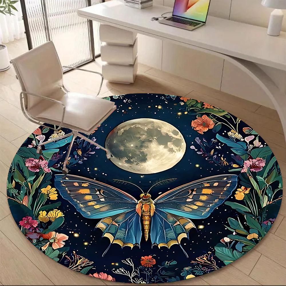 1pc Butterfly Moon Office Round Area Rug, Under Office Chairs Bedroom Living Room Home Decor, Room Deco