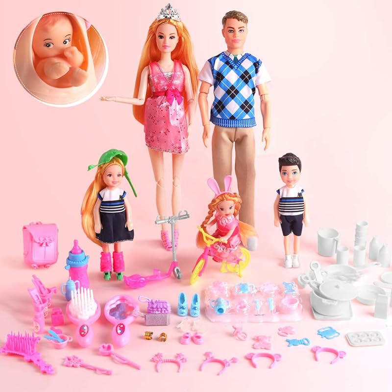 UCanaan Family Dolls Set of 6 People with Dad Pregnant Mom 3 Kids and Baby Boy in Mommy s Tummy and 70 Pcs Accessories for Education and Gift Best Fd1
