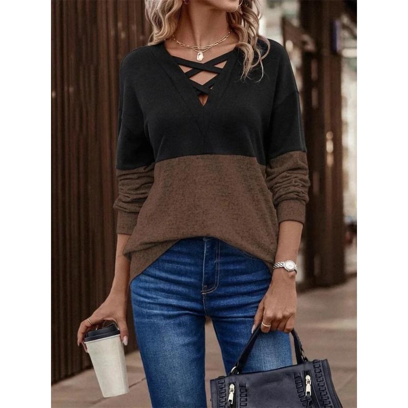 Women's Spring and Autumn V-neck Cross-contrast Stitching Raglan Sleeve Casual T-shirt Top