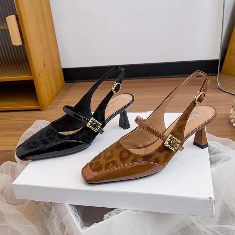 Fashion High Quality Leopard Patent Leather Design Heeled Sandal Women Luxury Square Toe Buckle Back Strap Pumps Elegant Zapato De Mujer