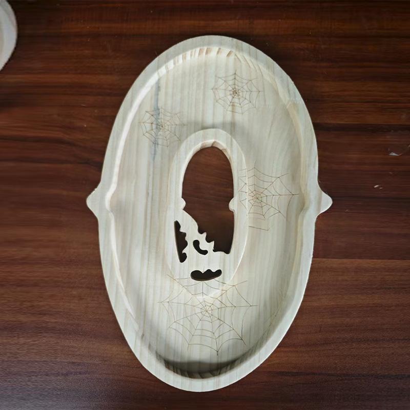 

Halloween Serving Tray Bamboo Decor Letter BOO Party Platter Natural Wooden Table Setting Spooky Food Display Centerpiece