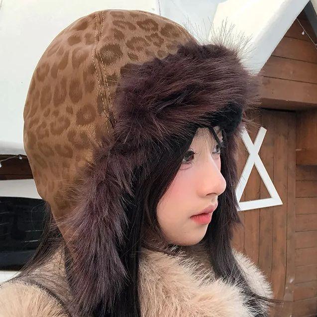 Winter Windproof Ear-Warming Vintage Leopard-Print Leather Pilot Hat Thickened Warm Cycling Skiing Fleece-Lined Aviator Cap