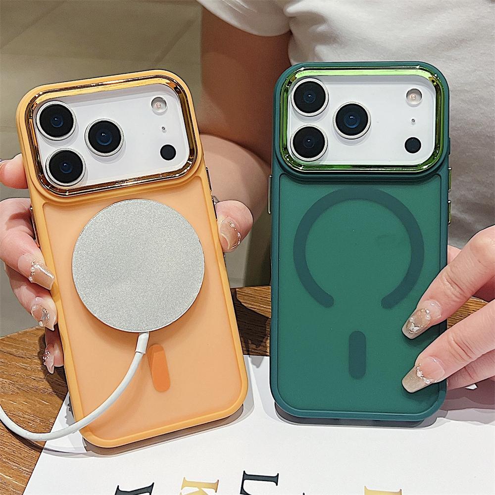 

Матовый Магнитный для Magsafe Прочный Чехол для iPhone 17 Air 16 E 15 Plus 14 Pro Max Беспроводная Зарядка Металлическая Рамка для Линзы Чехол iPhone 15 темно-зеленого