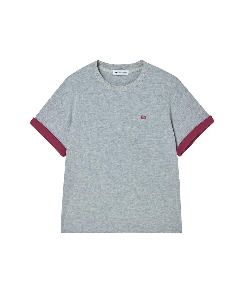 AWESOME STUDIO Color Block Roll-Up Sleeve T-Shirt Melange Grey