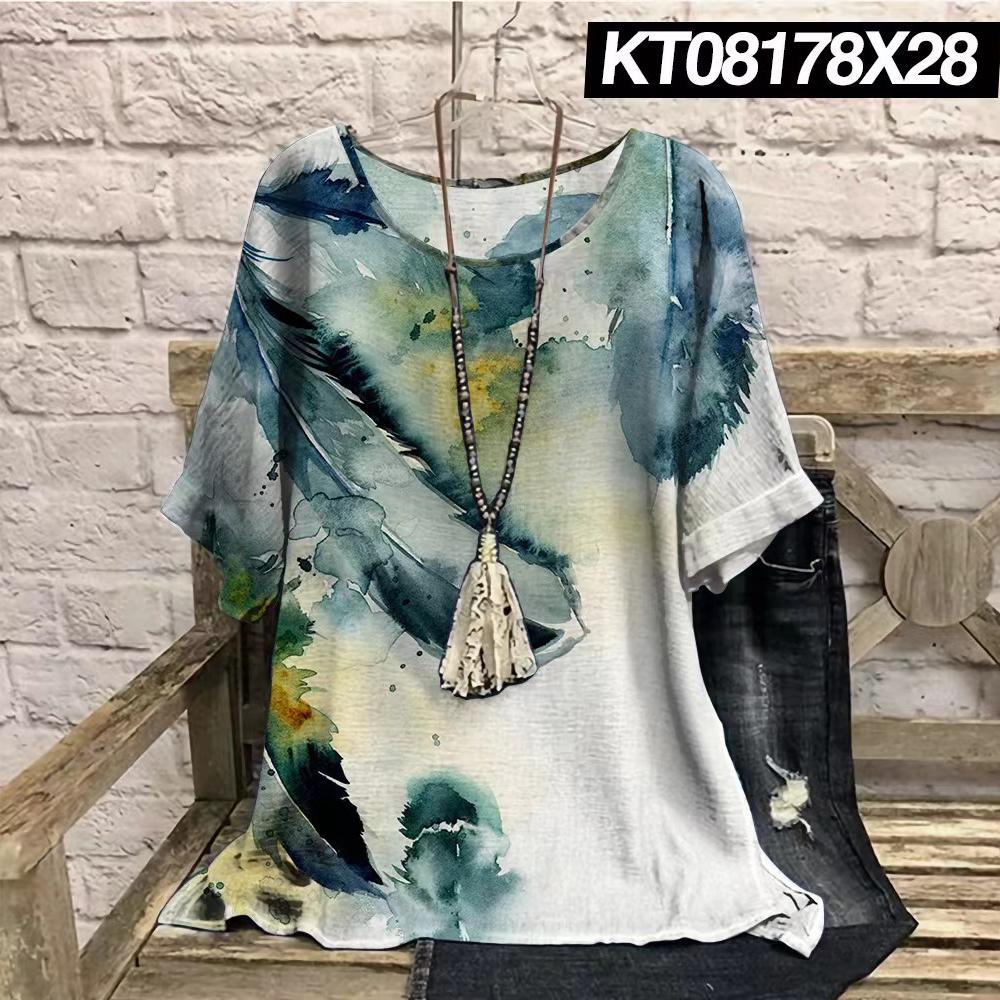 Plus Size Retro Color Blocked 3D Printed Summer Casual Round Neck Short Sleeved Loose Slimming Loose T-shirt