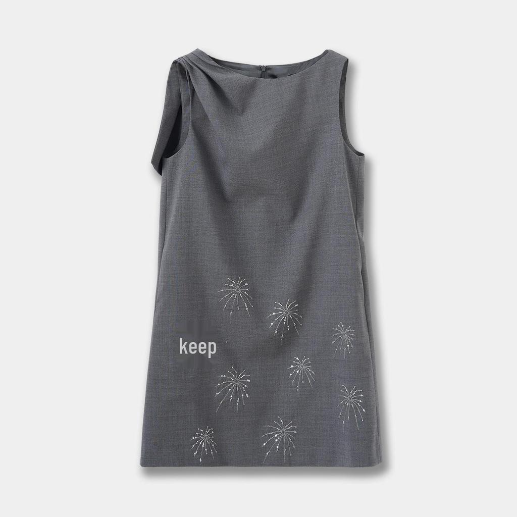 Women's Wool Blend Sleeveless Vest Dress with Firework Embroidery A-line Skirt - Spring Style S1QZ010
