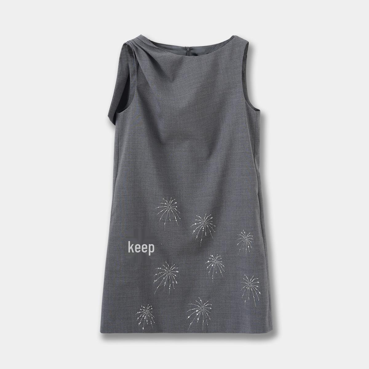 Women s Wool Blend Sleeveless Vest Dress - Spring Firework Embroidery A-line Skirt Small серый