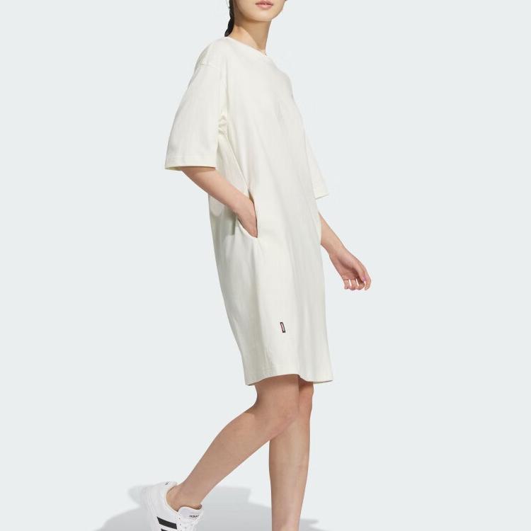 Adidas Round Neck Solid Color Casual Short Sleeve Dress Women Dresses Off-White JI5086
