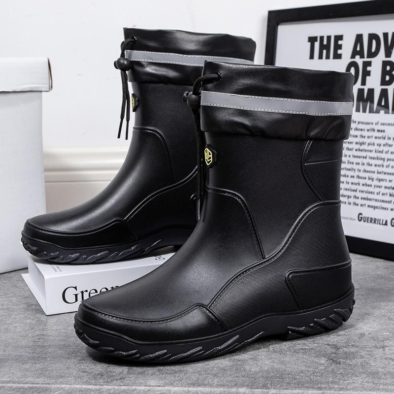 Adult Mid-calf Waterproof Rain Boots With Drawstring Design Unisex Outdoor Water Shoes Non-slip Soft Rubber Rain Boots Plus Size