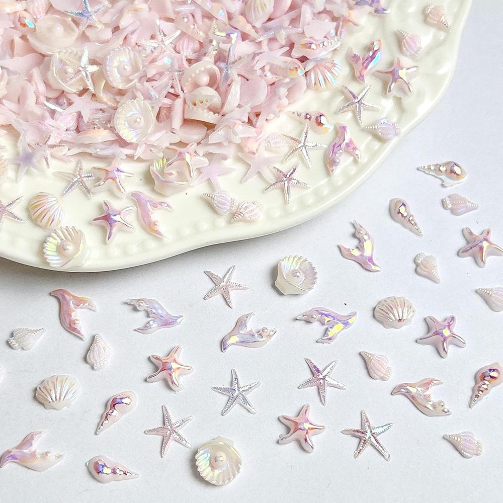 2026 50pcs Mix Summer Beach Nail Rhinestones Ocean Theme Shell Starfish Manicure Charms Pink Ocean Gems Flat Back Nail Supplies