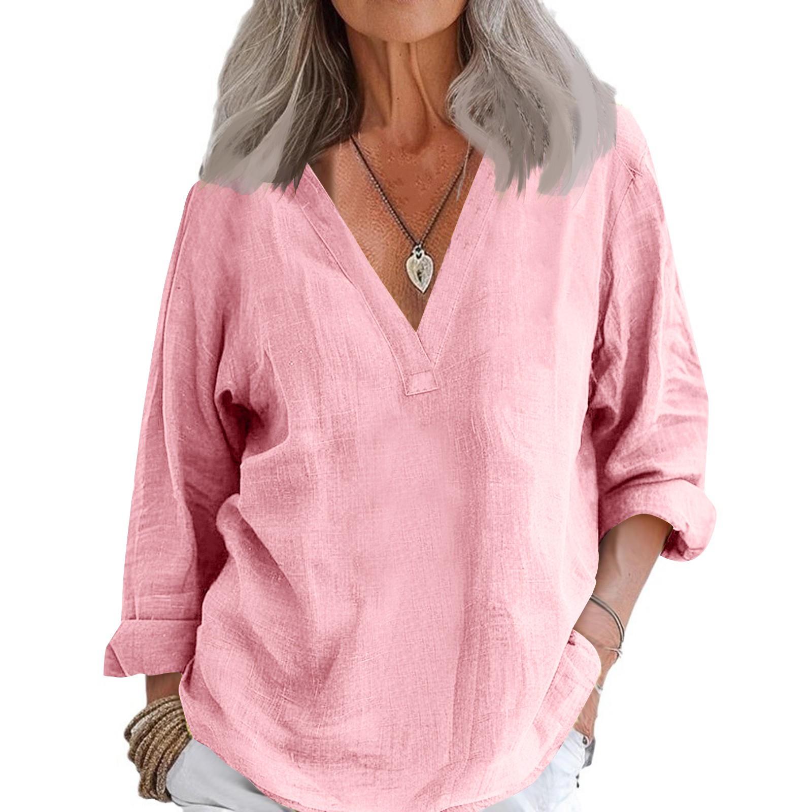 

Женская повседневная свободная модная рубашка с длинным рукавом из хлопка и льна, однотонная, в стиле ретро, с V-образным вырезом XL розовый