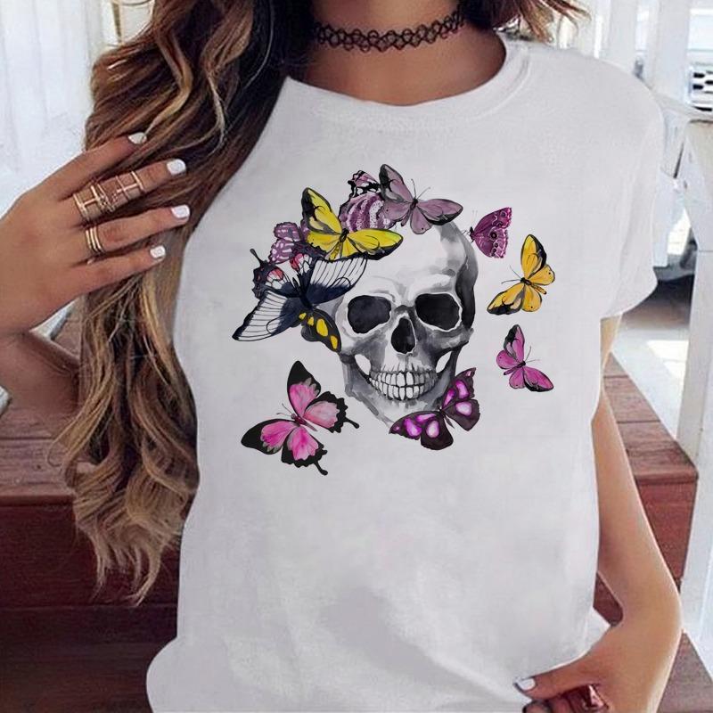 Fashion Skull Flower Print Women T Shirt Summer Casual Short Sleeve O Neck Women Tshirt