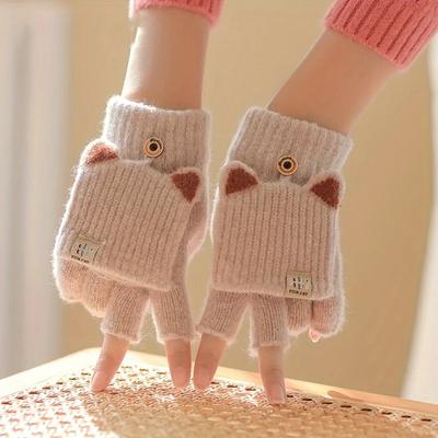 Winter Women Knitted Gloves Thick Woolen Female Mittens Cute Flip Fingerless Exposed Finger Girl Gloves For Cycling Hand Warmer