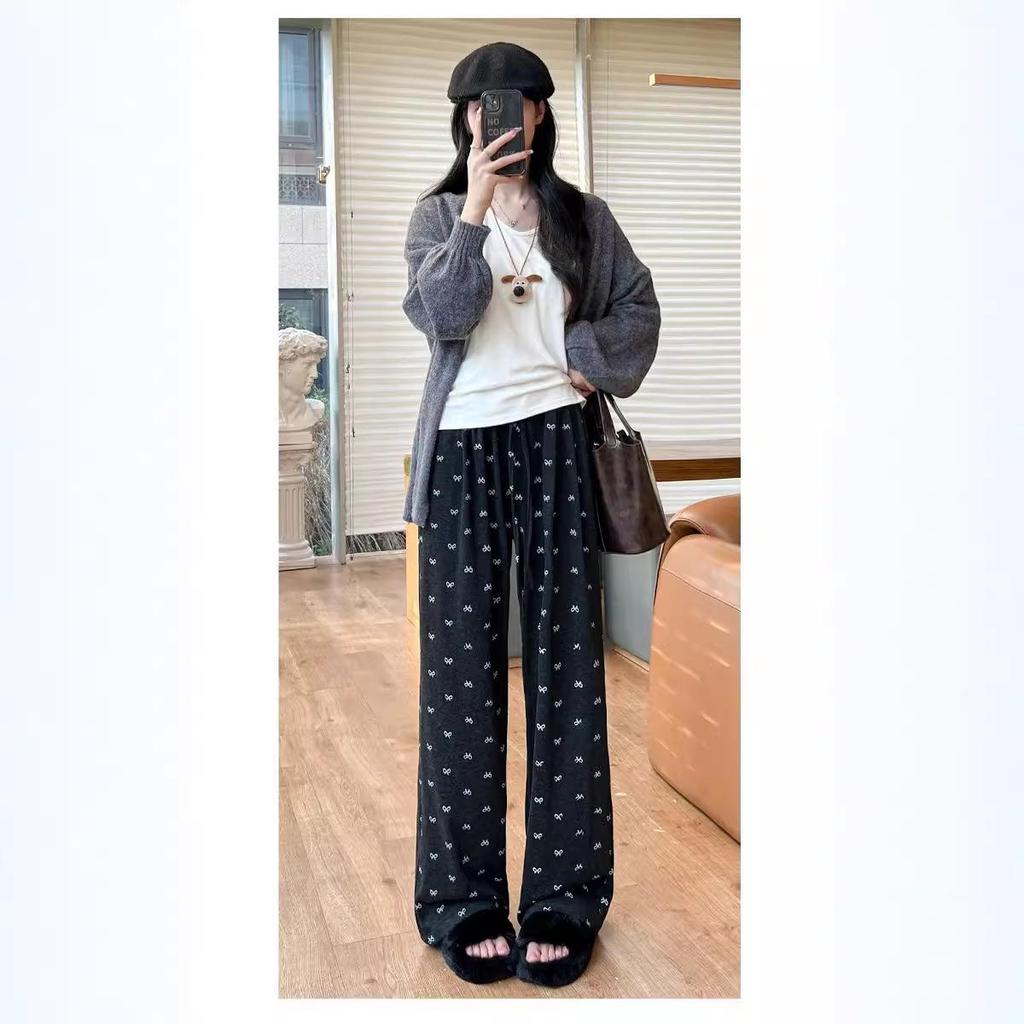 Korean Retro Bow High-Waisted Wide-Leg Silky Pants for Women