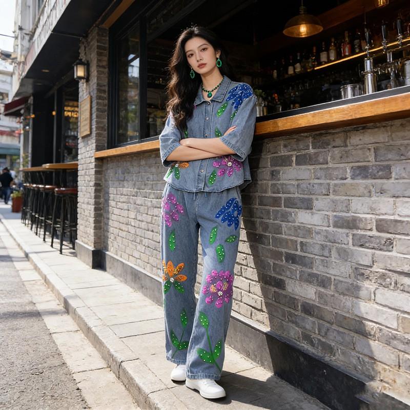 Womens Denim 2-Piece Set Sequin Embroidered Shirt Relaxed Pants 2026 Casual Outfit