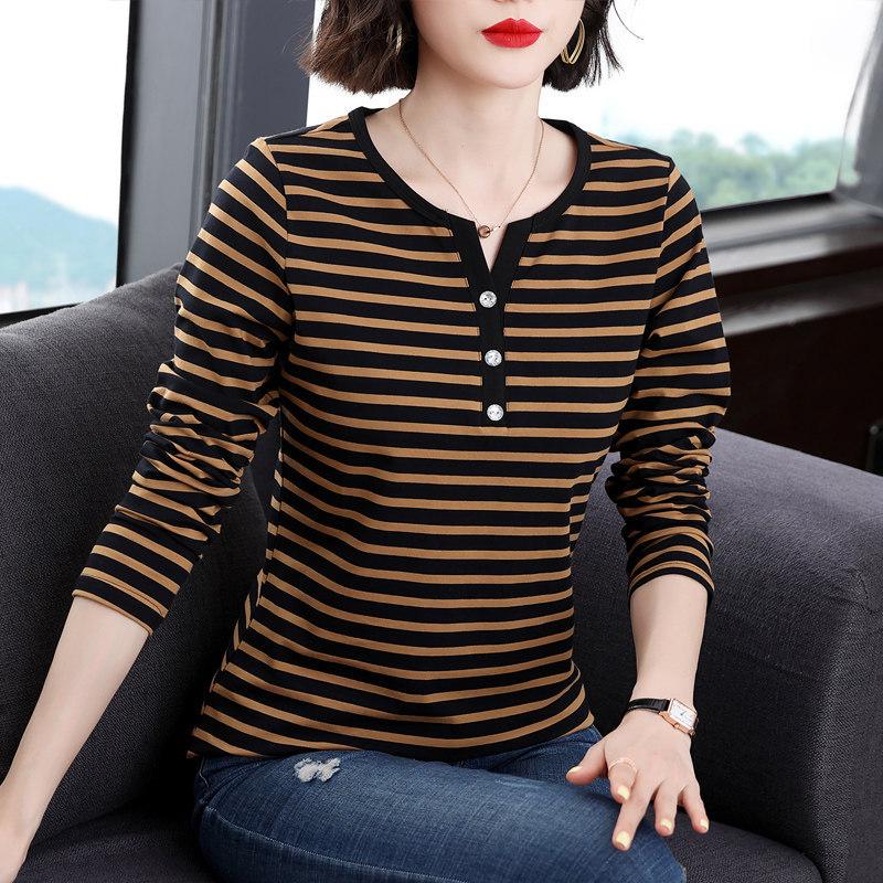 Long Sleeve Striped V Neck T Shirt Women Fitted Plus Size Casual Top