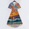 Women's Casual V Neck Short Sleeve Hawaiian Print Dress Summer Beachwear Midi Dress with Wrap Style and Relaxed Fit