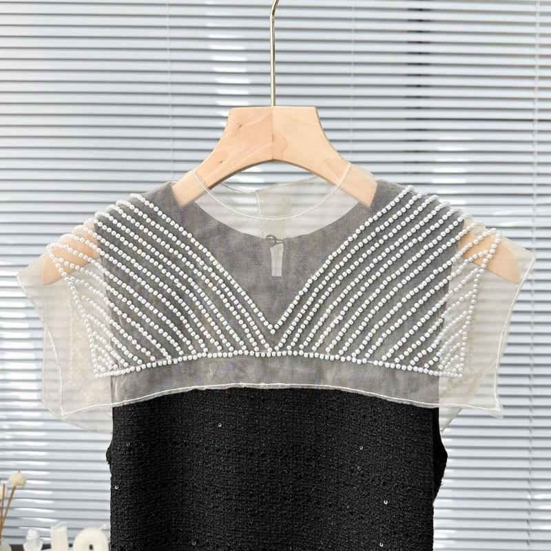 Japanese Women Girl Fake Collar Shawl Scarf Faux Pearls Beading Vintage Shoulder Wrap Sheer Organza Half Shirt Poncho