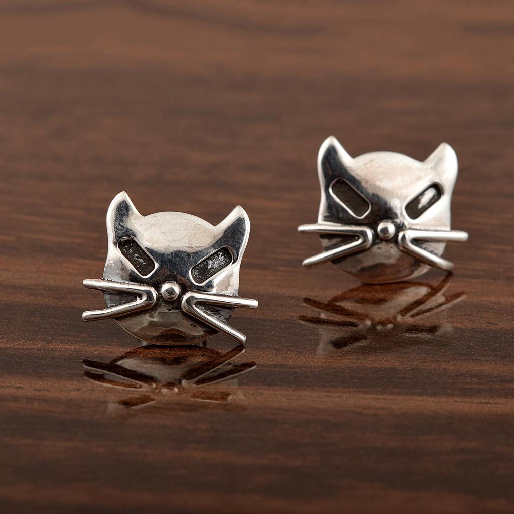 Cat Face Stud Earrings - 925 Sterling Silver