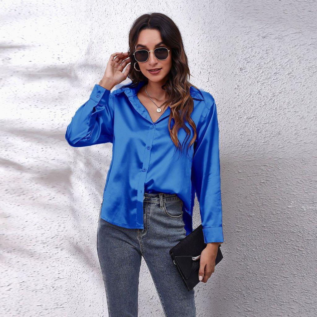 Satijnen Blouse Voor Dames Met Lange Mouwen En Knoopsluiting Voor Kantoor