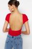 Women's Fashion Blouse Crew Neck Short Black Backless Tie Detailed Ribbed Flexible Knitted Blouse