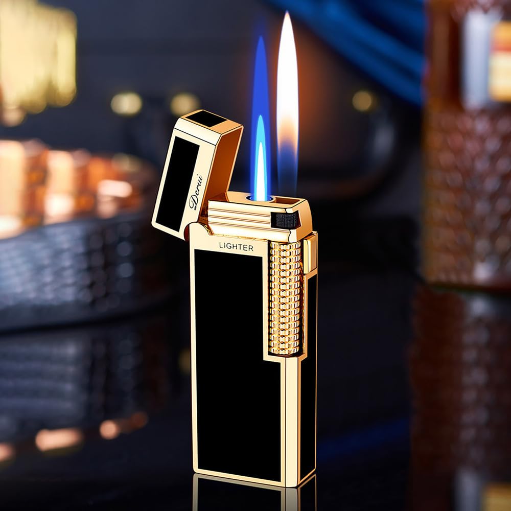 DERUI Dual Flame Lighter, Metal Gas Lighter, Refillable, Slim Lighter, High Durability, Gift Box Included, Stylish, Men's Gift (Gas Not Included), Bla