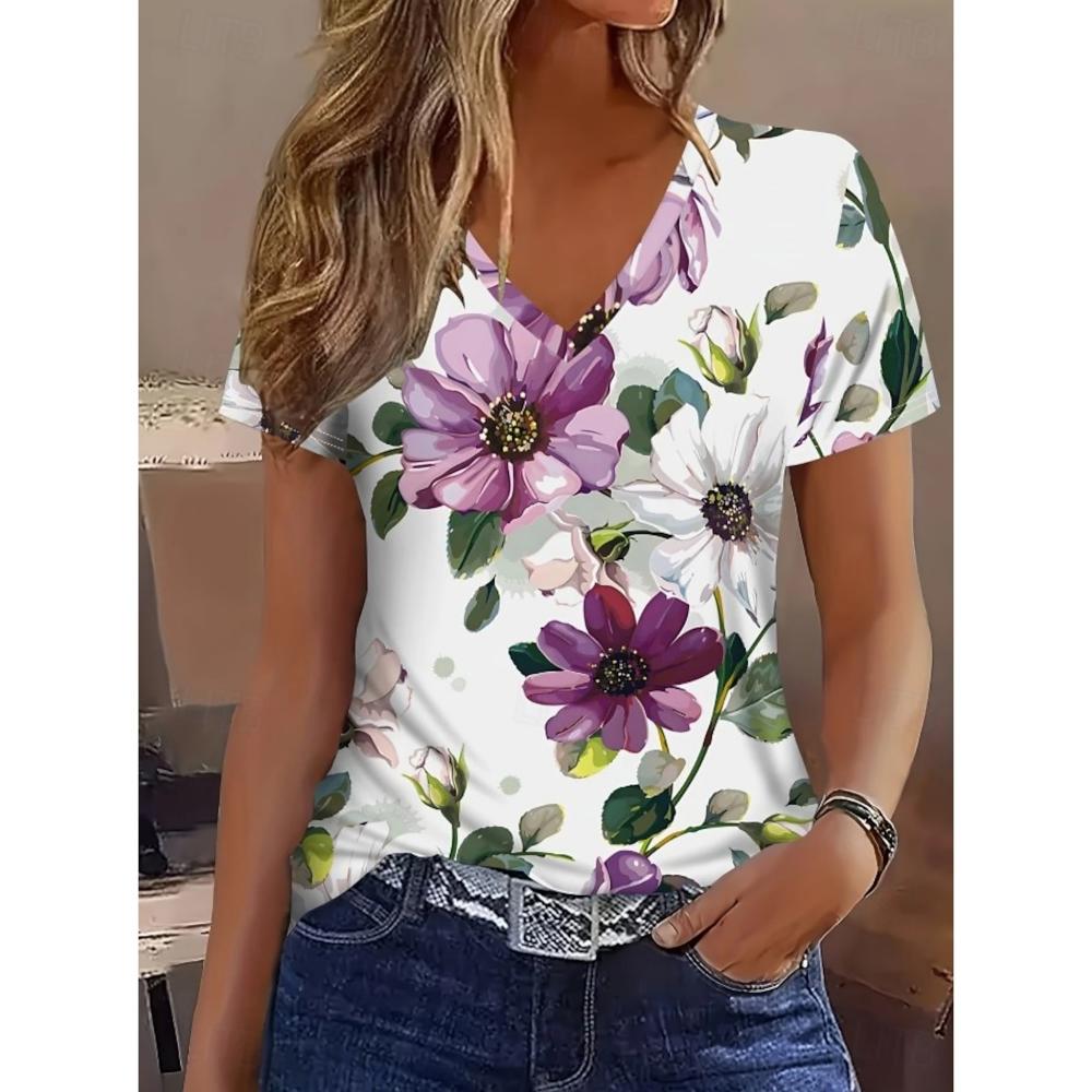 

Women s Daily Casual V Neck T Shirt Floral Graphic Plants Print Stylish Short Sleeve Regular Tops Purple Ideal for Summer S
