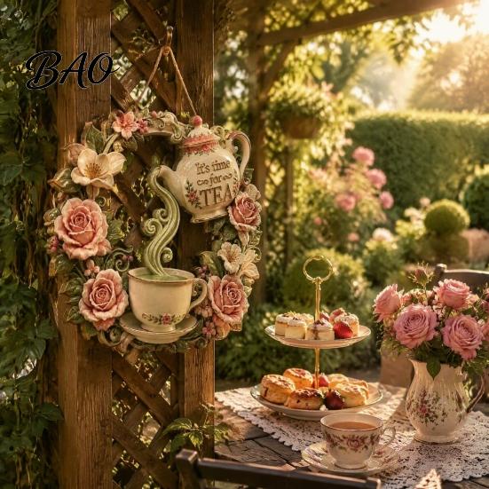 Creative Garden Accessories It's Time for Tea Door Sign, Metal Floral Wreath Hanger with Teapot Teacup Design, Art Windowsill Rustic Wall Decor