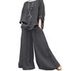 2 Pcs/Set Women Top Pants Set Round Neck Retro Long Sleeves Blouse Wide Leg Elastic Waist Trousers Daily Leisure Loose Outfit