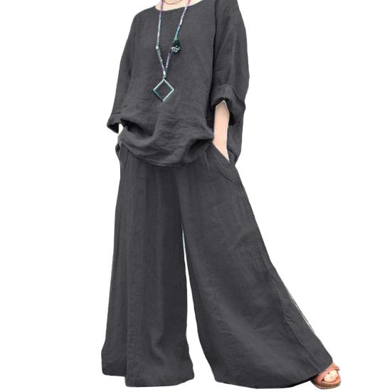 2 Pcs/Set Women Top Pants Set Round Neck Retro Long Sleeves Blouse Wide Leg Elastic Waist Trousers Daily Leisure Loose Outfit